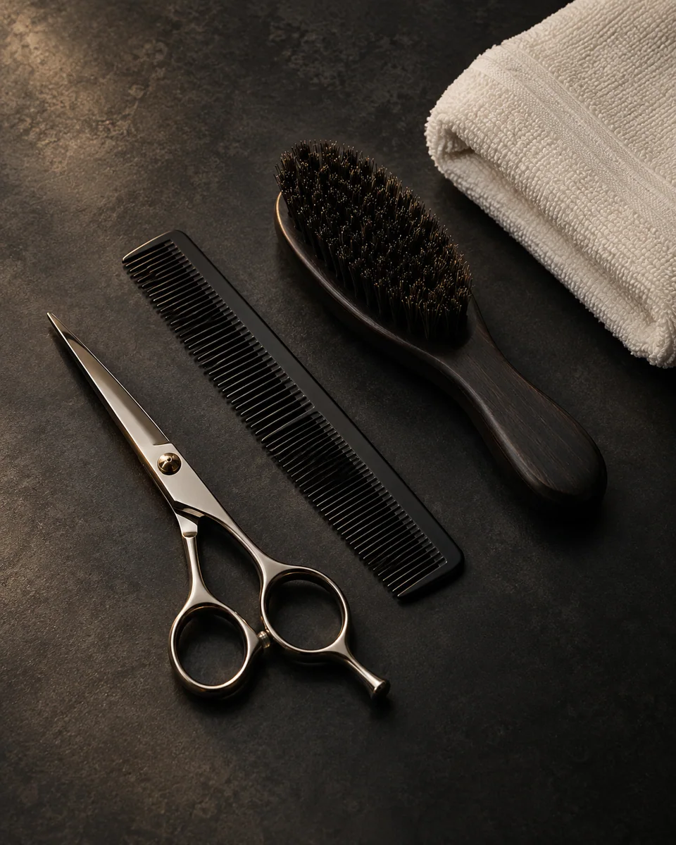 Silver barber scissors, a black comb, grooming brush and ivory towel on a charcoal surface