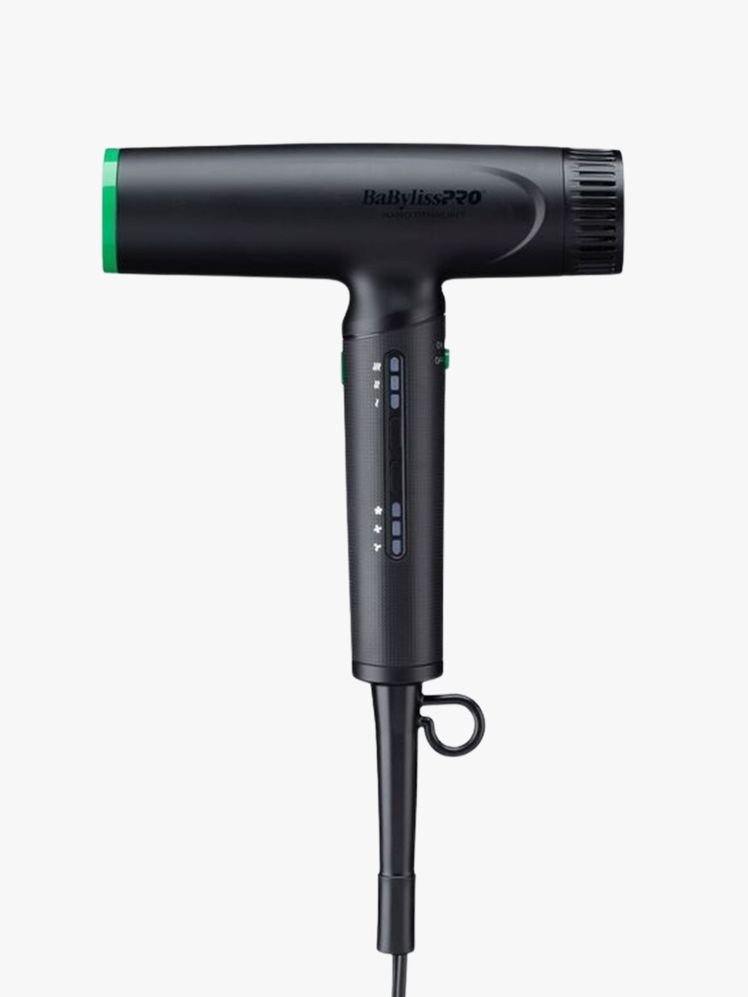 Hair dryer on a flat background.