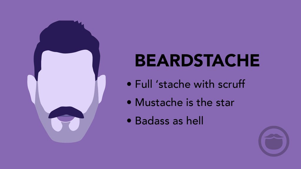 رسم ملون لنمط "بيرد-ستاش" (Beardstache) -الذي يجمع بين الشارب واللحية الخفيفة- مع نقاط توضح أبرز سمات هذا النمط.