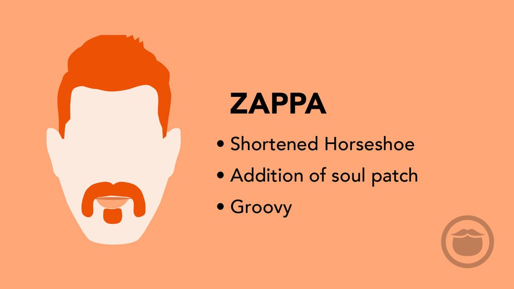 رسم ملون لشارب "زابّا" (Zappa)، مع نقاط توضح أبرز سمات هذا النمط.