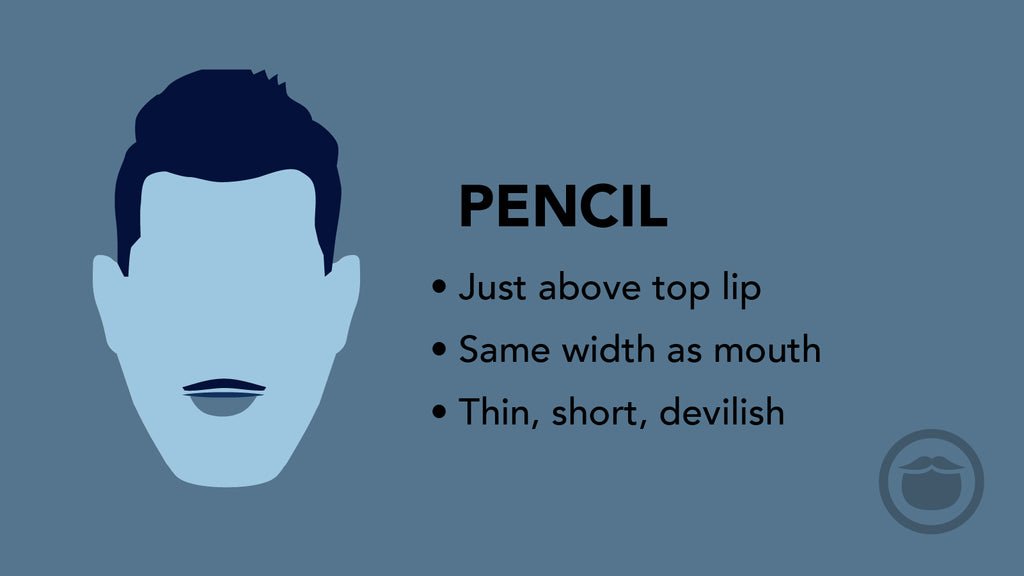 رسم توضيحي ملون لشارب رفيع يشبه خط قلم الرصاص (Pencil)، مع أبرز سمات هذا النمط في نقاط.